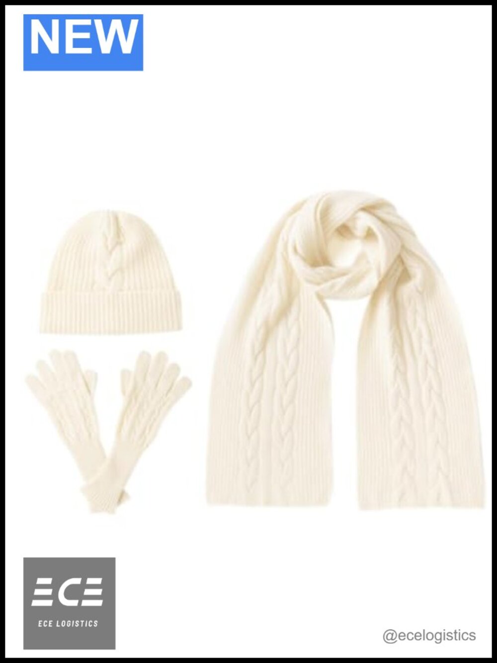 100% Pure Cashmere Cable Knit Winter Scarf Hat Gloves Set Gift Box
